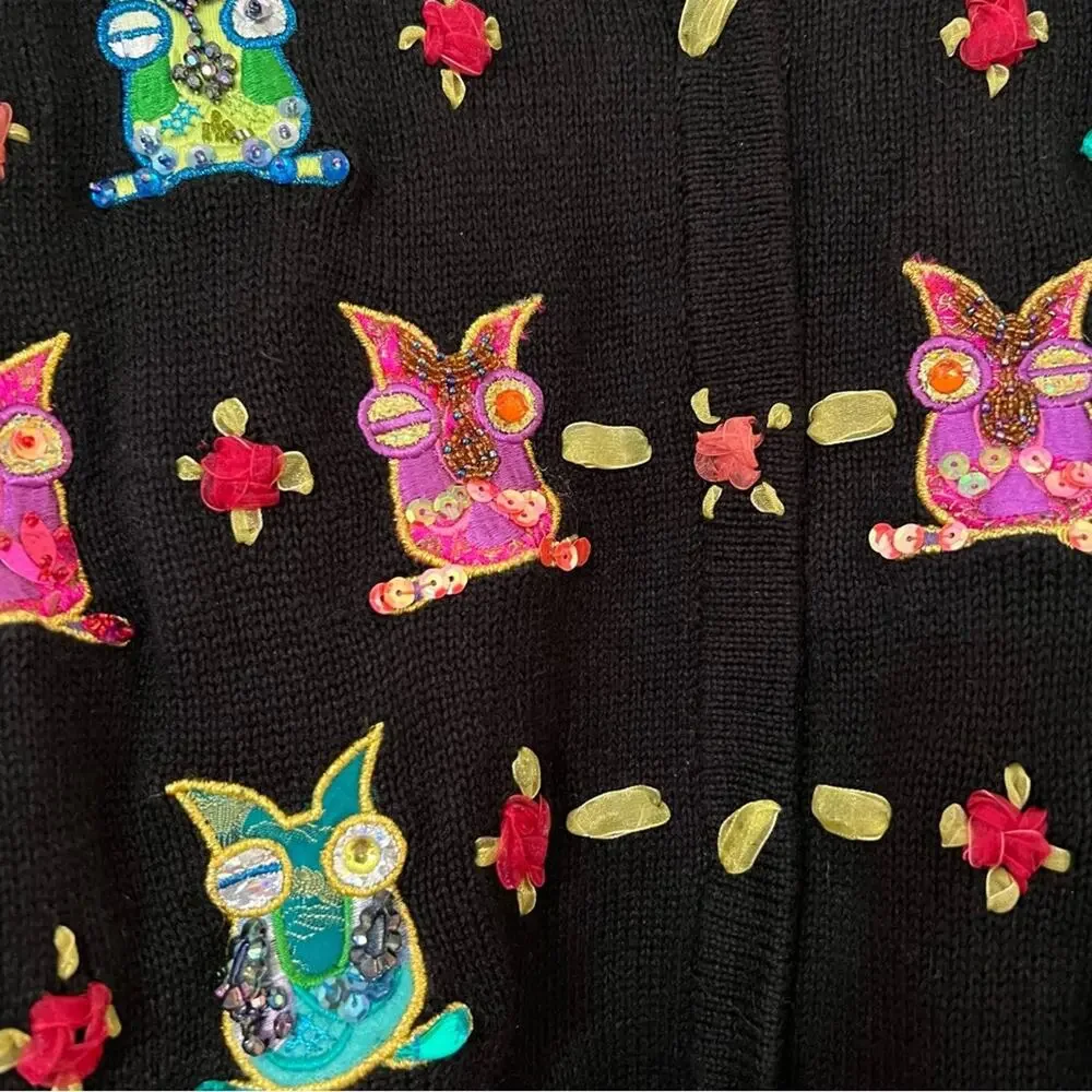 Jack B. Quick Y2k Beaded Owl Embroidered Abstract Knit Cardigan Sweater